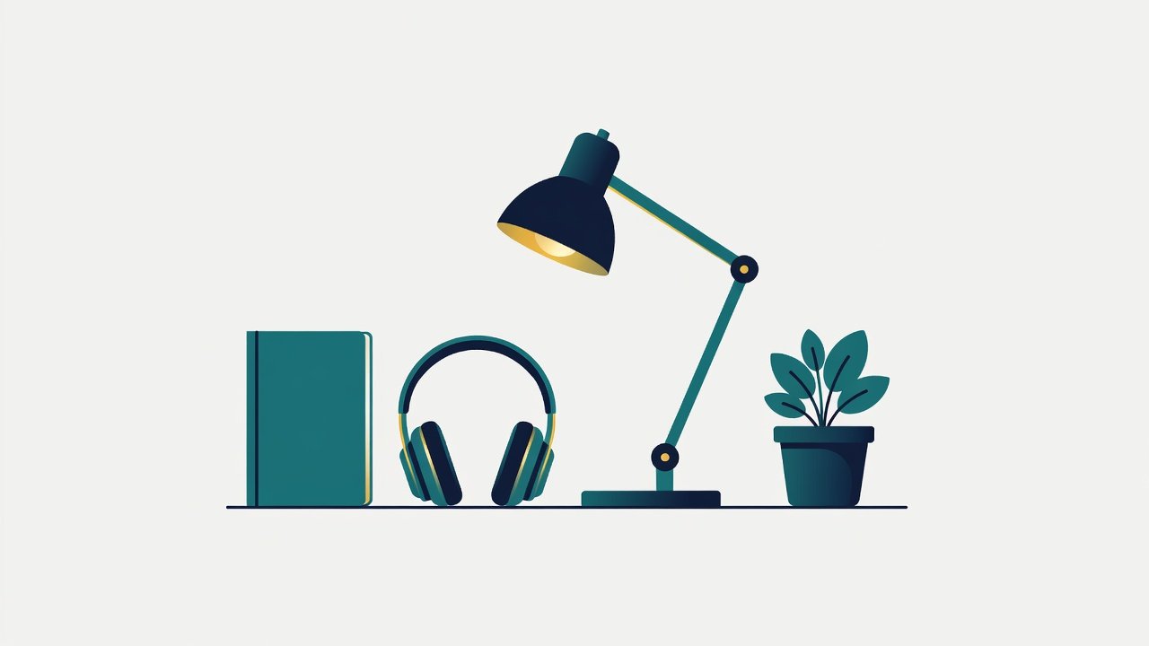 Flat-lay of a notebook, headphones, a desk lamp and a plant